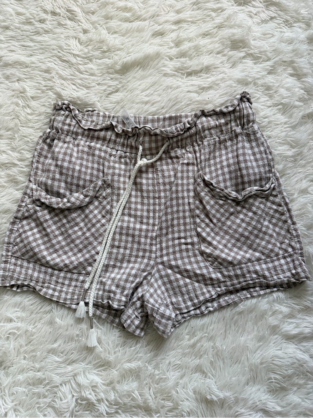 Women's Beige Gingham Drawstring Shorts